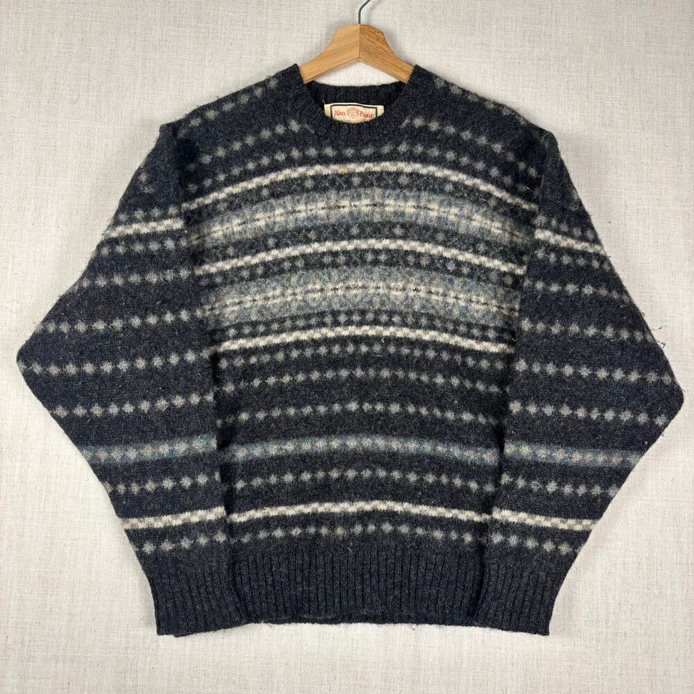 Vintage Alan Paine Shetland Wool Sz 46 Striped Rare Medium Knit Sweater